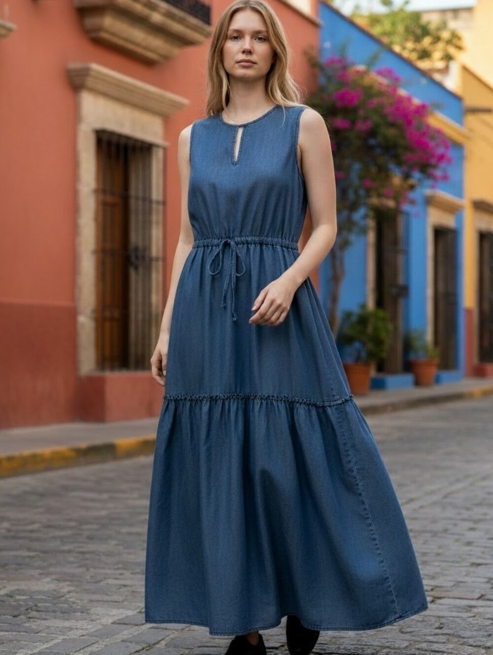 Lands' End Sleeveless Chambray Drawstring Maxi Denim Dress